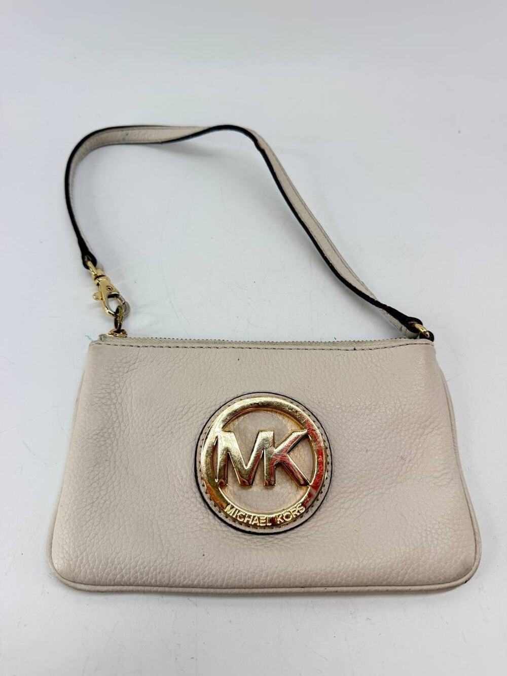 Michael Kors White Leather Wristlet Clutch Zip Pouch Gold Logo MK Bag